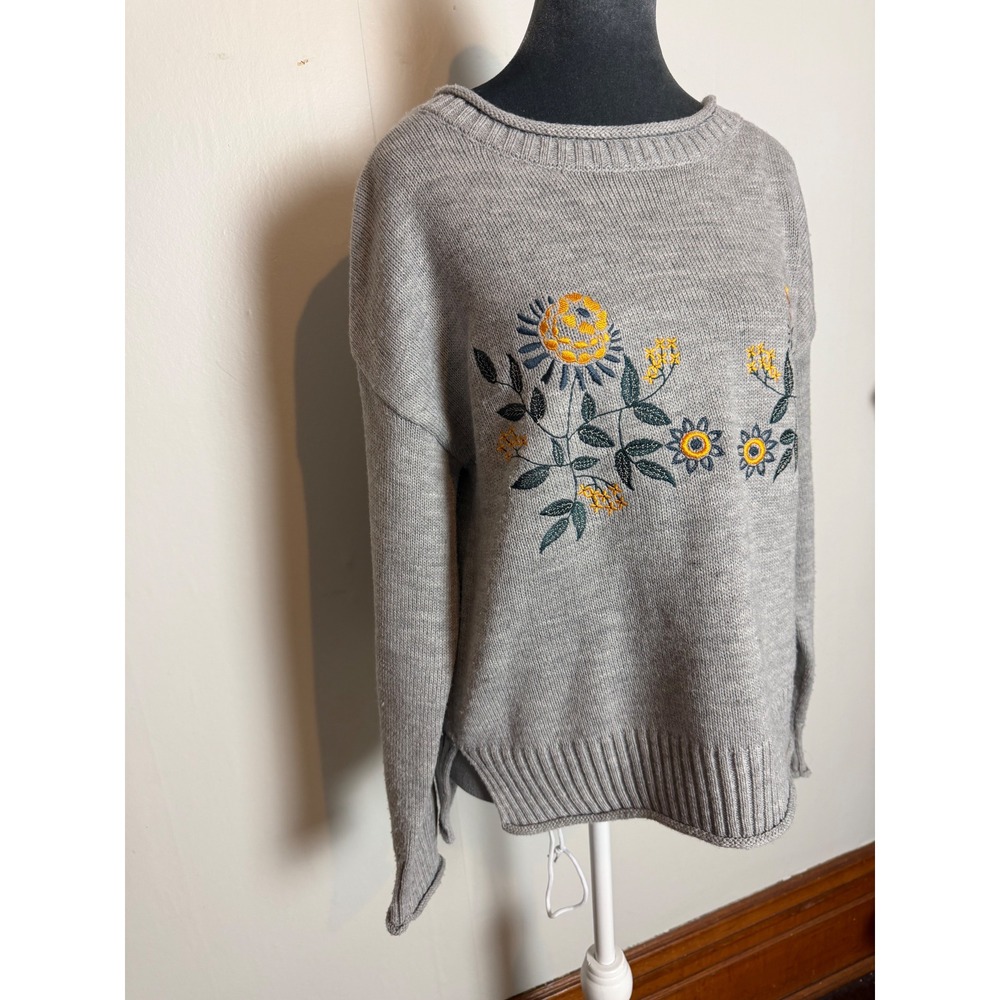 Gray Floral Embroidered coastal Beachy fall Crewneck Sweater whimsy Cottagecore